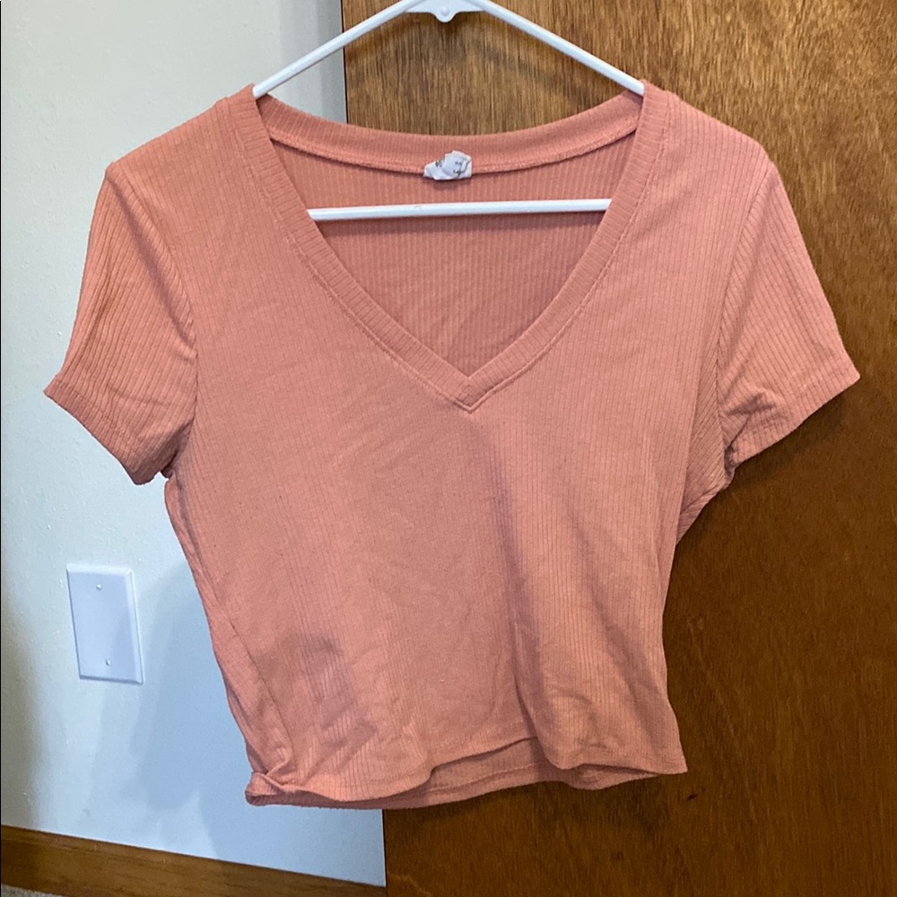 Women's V-Neck Ribbed Top - Peach